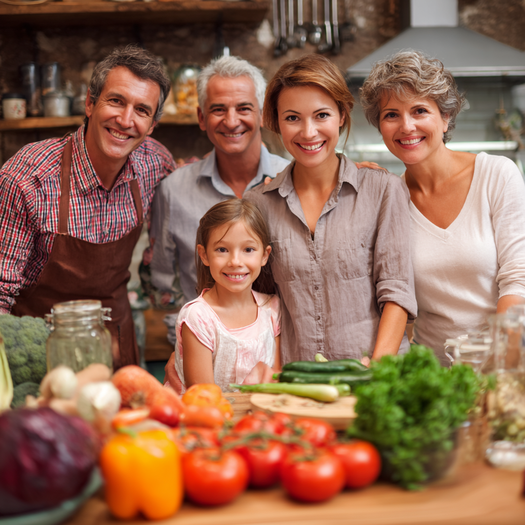 Középkorú magyar nő és férfi együtt főz egészséges ételeket modern konyhában, mindketten mosolyognak