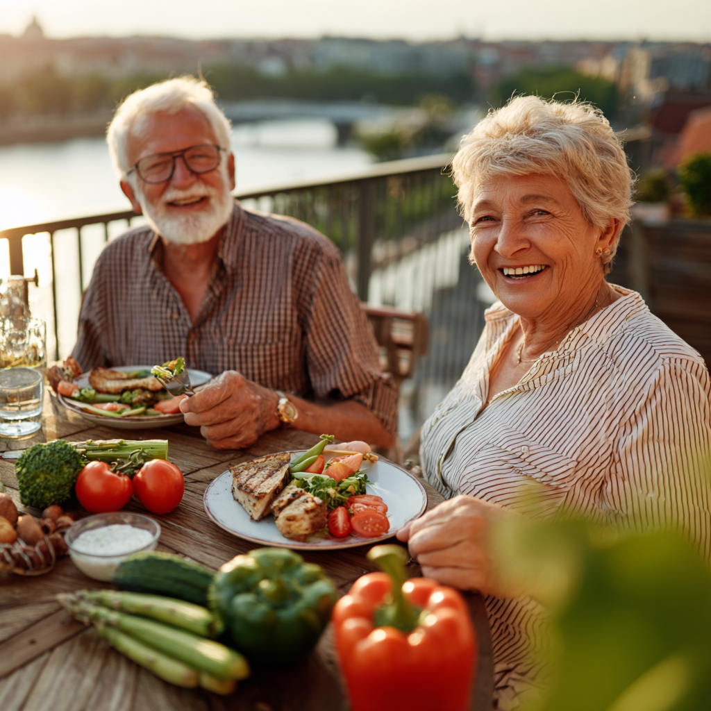 Fiatal magyar felnőttek csoportja egészséges ételeket fogyaszt egy napfényes étkező térben, mindenki vidáman beszélget